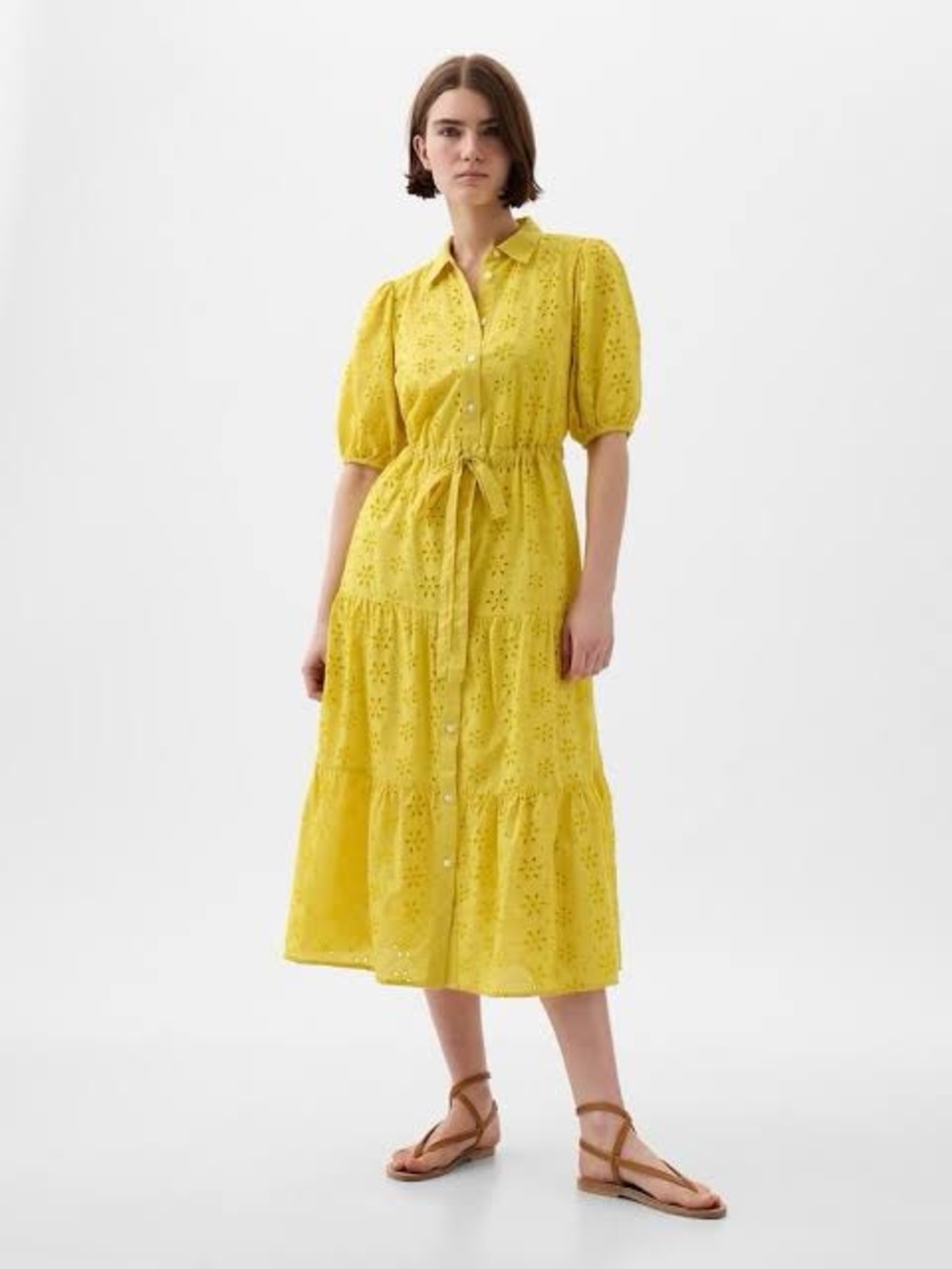 GAP Button-Front Yellow Eyelet Tiered Midi Dress (EUC)